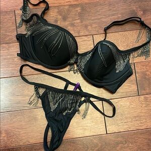 NWOT Maison Close Black Gunmetal Silver Chain Bra Thong Set 34C M